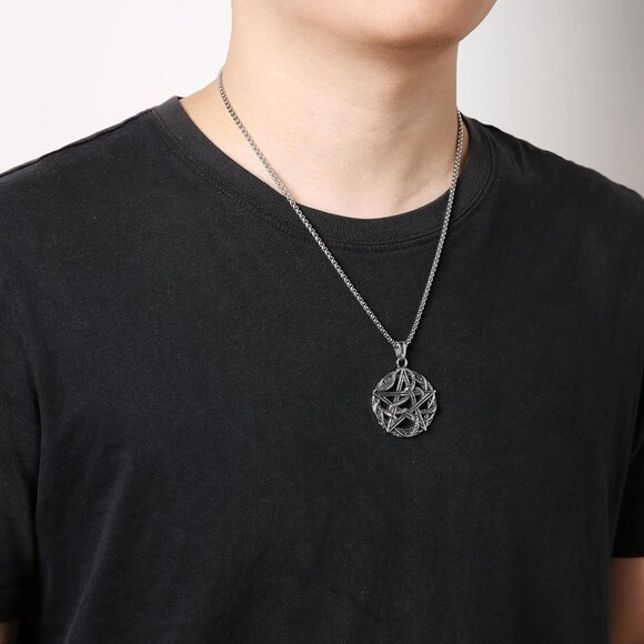 Men's Pentagram Snake Gothic Stainless Steel Snake Pendant Jewlery Chain - Picture 2 of 6